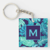 Tropisch groen blauw bladerdepatroonmonogram sleutelhanger (Voorkant)