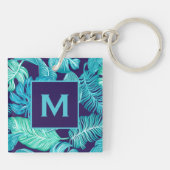 Tropisch groen blauw bladerdepatroonmonogram sleutelhanger (Achterkant)