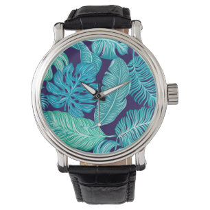 Tropisch groen blauw bladerenpatroon horloge