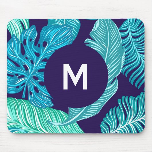Tropisch groen-blauw bladpatroon monogram muismat (Voorkant)