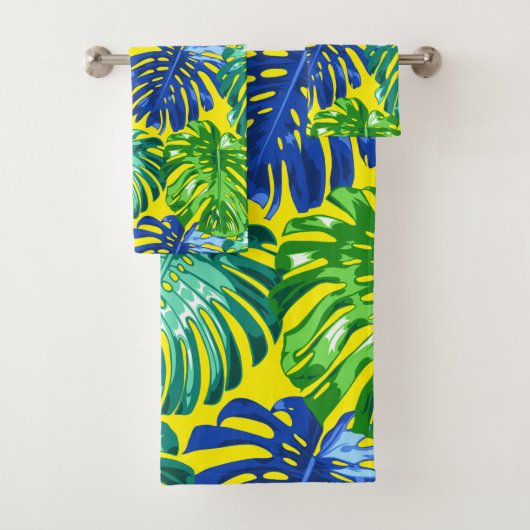 Tropisch Groen Blauw Geel Monstera Oerwoud Bladere Bad Handdoek (Insitu)