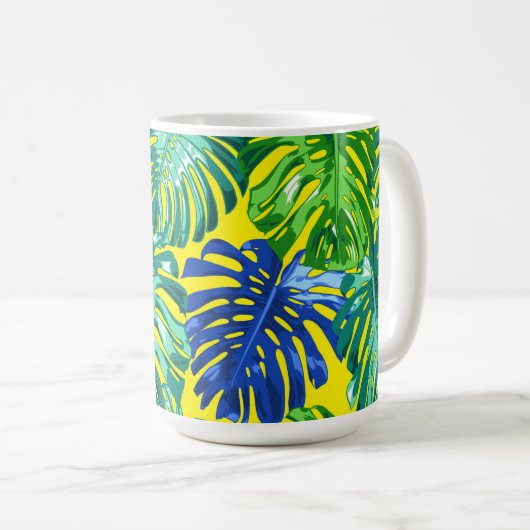 Tropisch Groen Blauw Geel Monstera Oerwoud Bladere Koffiemok (Voorkant rechts)