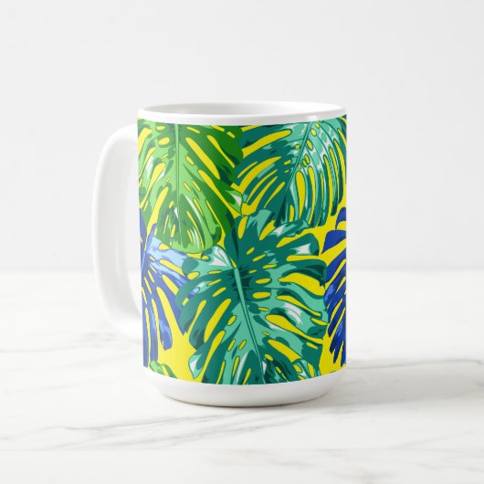 Tropisch Groen Blauw Geel Monstera Oerwoud Bladere Koffiemok (Voorkant links)