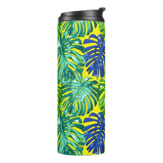 Tropisch Groen Blauw Geel Monstera Oerwoud Bladere Thermosbeker (Gedraaid links)