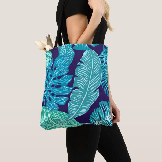 Tropisch groen blauw lederen patroon tote bag (Dichtbij)