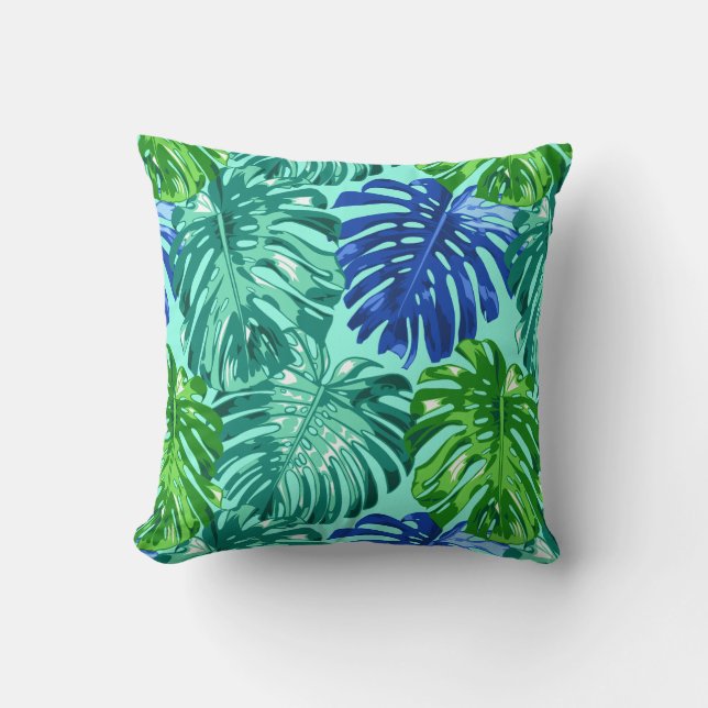 Tropisch groen blauw Monstera palmbladeren Kussen (Voorkant)