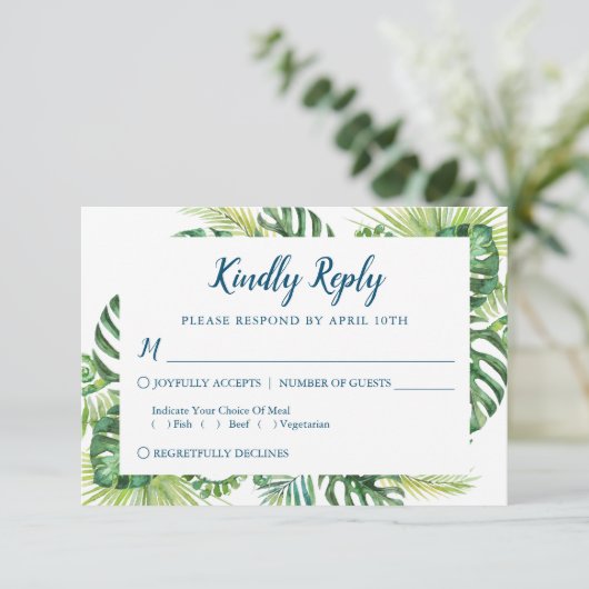 Tropisch groen Blauw strand bruiloft RSVP-kaart RSVP Kaartje (Staand voorkant)