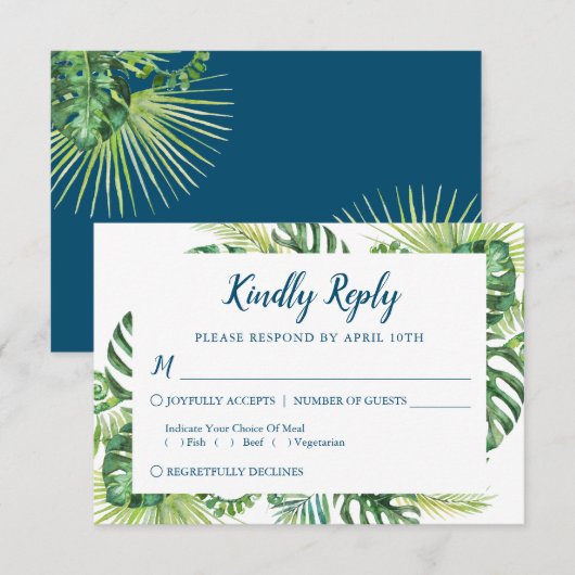 Tropisch groen Blauw strand bruiloft RSVP-kaart RSVP Kaartje (Voorkant / Achterkant)