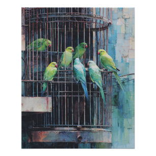 Tropisch Groen Blauwe Papegaaien Rustieke Kooi Kun Perfect Poster