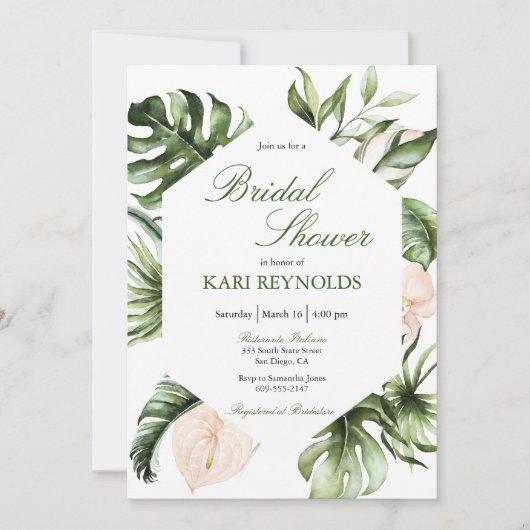 Tropisch groen bloemenbruids douche uitnodiging (Voorkant)