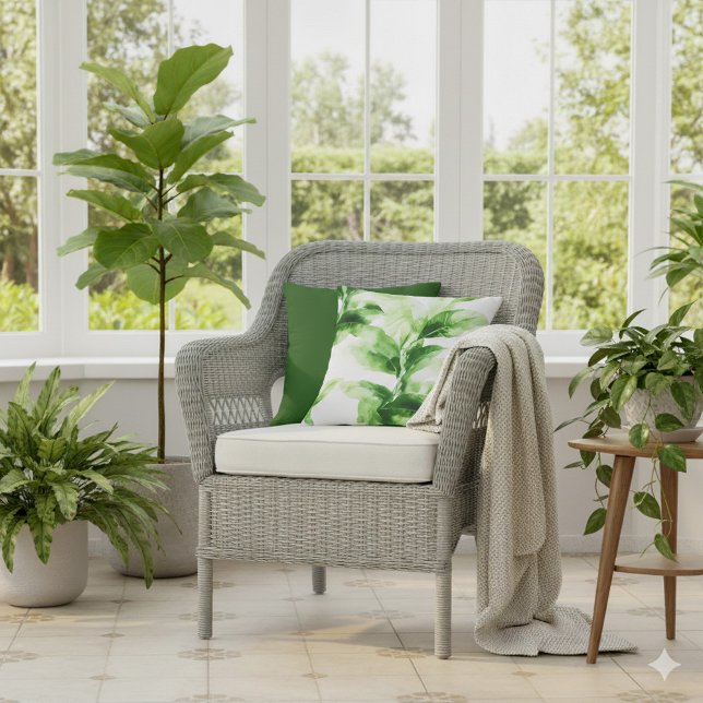 Tropisch groen Botanische Waterverf blad Kussen (Green and white bright leafy cushion.)