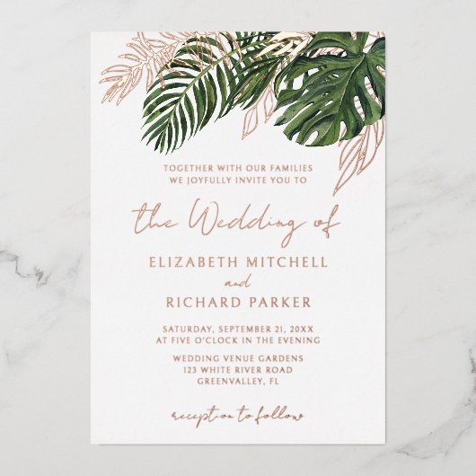 Tropisch groen botanische zomer boho bruiloft folie uitnodiging (Voorkant)