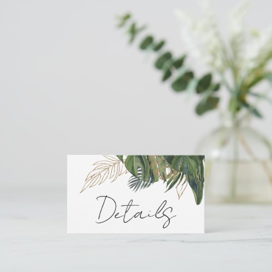 Tropisch groen botanische zomer bruiloft details informatiekaartje (Staand voorkant)