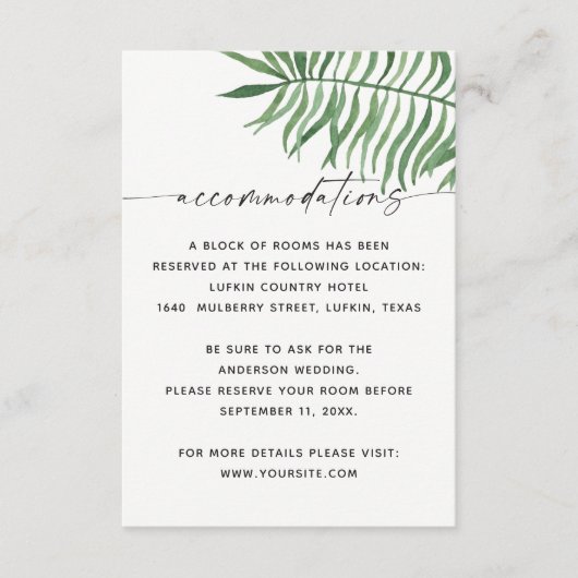 Tropisch groen bruiloft accommodaties / details informatiekaartje (Voorkant)