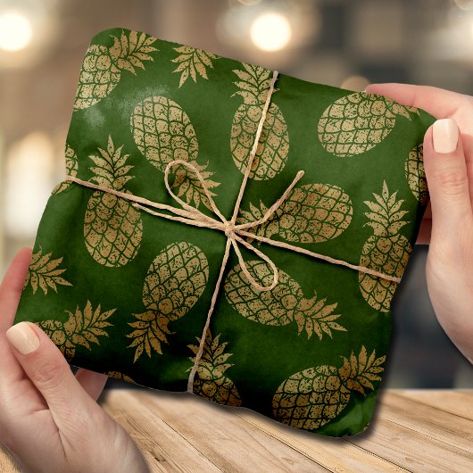 Tropisch groen Chic Gold Pineapples Tissuepapier