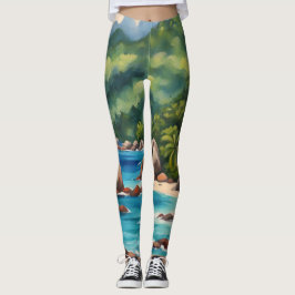 Tropisch groen en blauw Seychellen strand Leggings