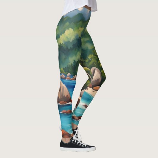 Tropisch groen en blauw Seychellen strand Leggings (Rechts)