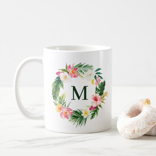 Tropisch groen en bloemen groot monogram koffiemok (Met donut)