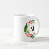 Tropisch groen en bloemen groot monogram koffiemok (Voorkant rechts)