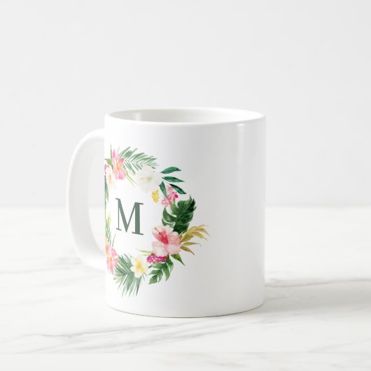 Tropisch groen en bloemen groot monogram koffiemok (Voorkant links)