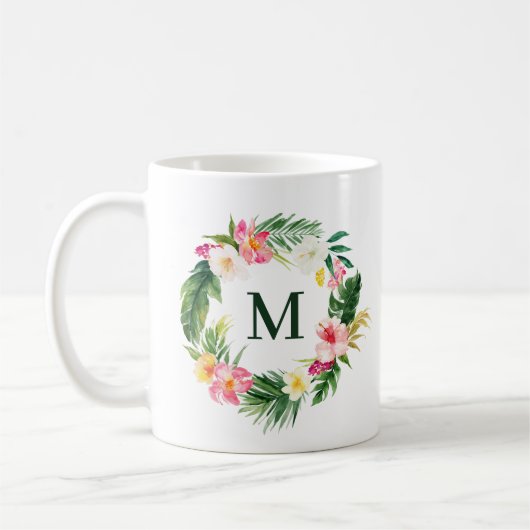 Tropisch groen en bloemen groot monogram koffiemok (Links)