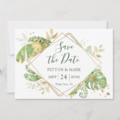 Tropisch groen en goud geometrisch frame met blad save the date (Voorkant)