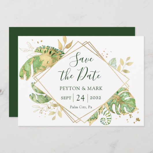 Tropisch groen en goud geometrisch frame met blad save the date (Voorkant / Achterkant)