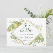 Tropisch groen en goud geometrisch frame met bladm save the date (Staand voorkant)