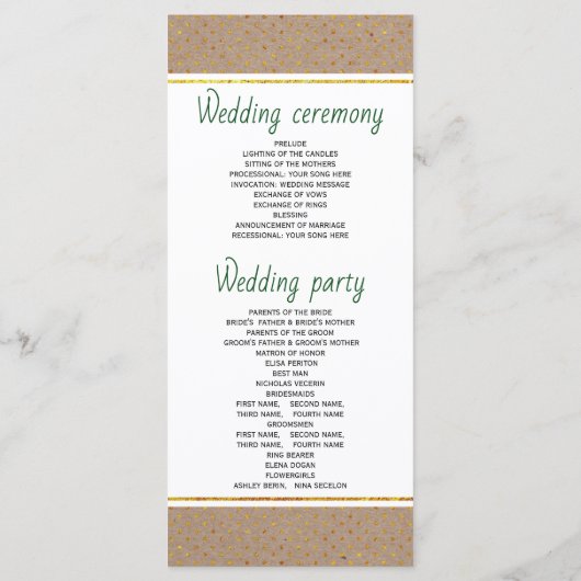 Tropisch groen en goud rustiek trouwprogramma programmakaart (Achterkant)