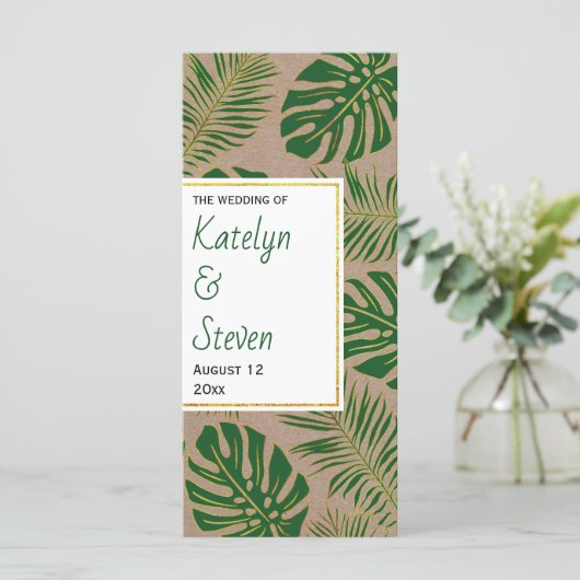 Tropisch groen en goud rustiek trouwprogramma programmakaart (Staand voorkant)