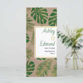 Tropisch groen en goud rustieke bruiloft menukaart (Staand voorkant)