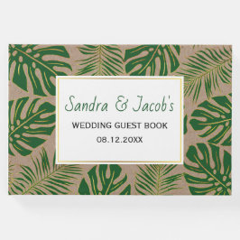Tropisch groen en goudbladeren trouwe bruiloft gastenboek