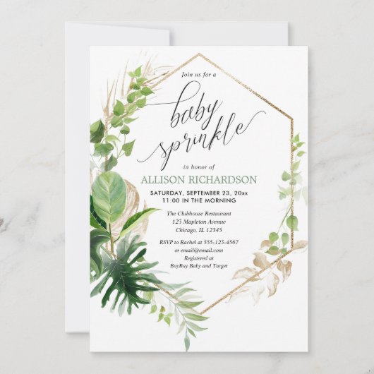 Tropisch groen en goudkleurige elegante baby-bespr kaart (Voorkant)