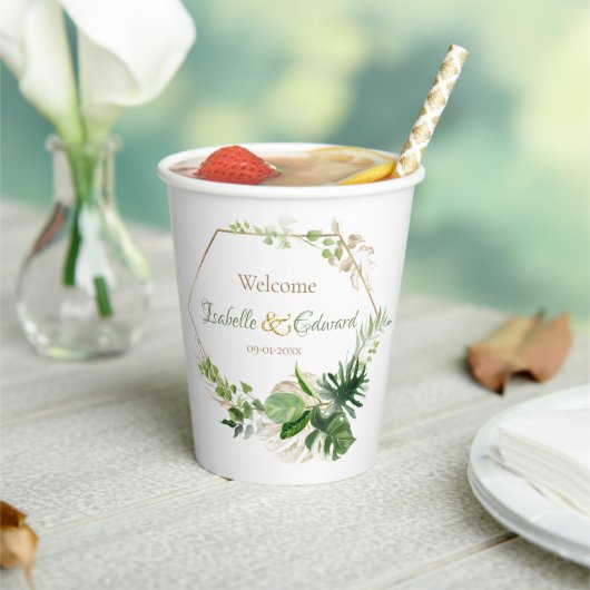 Tropisch groen en goudmonstera springt bruiloft papieren bekers (Insitu)