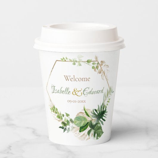 Tropisch groen en goudmonstera springt bruiloft papieren bekers (Achterkant)