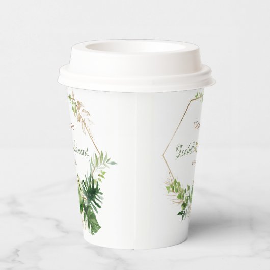 Tropisch groen en goudmonstera springt bruiloft papieren bekers (Rechts)