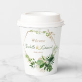 Tropisch groen en goudmonstera springt bruiloft papieren bekers (Voorkant)