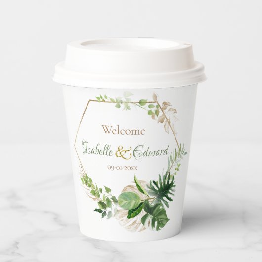 Tropisch groen en goudmonstera springt bruiloft papieren bekers (Voorkant)