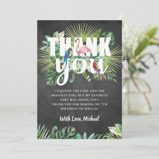 Tropisch groen Flamingo Black White Chalkboard Bedankkaart (Staand voorkant)