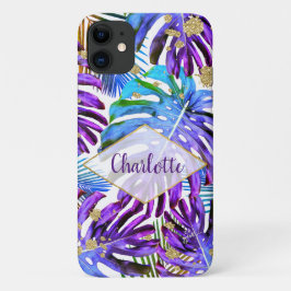 Tropisch groen Glitter Paars Leaf Pattern Name Case-Mate iPhone Case