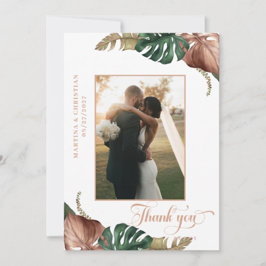 Tropisch groen goud brons bladeren bruiloft bedankkaart (Voorkant)