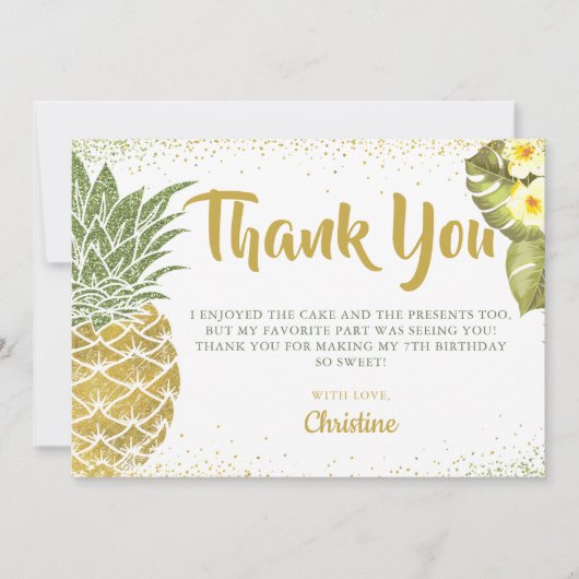 Tropisch groen goud glitter ananas verjaardag bedankkaart (Voorkant)