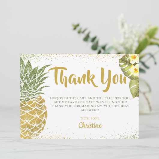 Tropisch groen goud glitter ananas verjaardag bedankkaart (Staand voorkant)