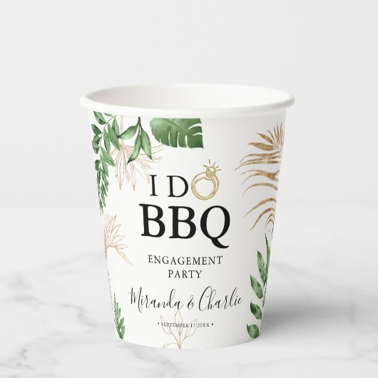 Tropisch groen & goud 'I Do BBQ' Verlovingsfeest Papieren Bekers (Voorkant)