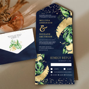 Tropisch Groen Goud Monstera Navy Trouwfeest All In One Uitnodiging