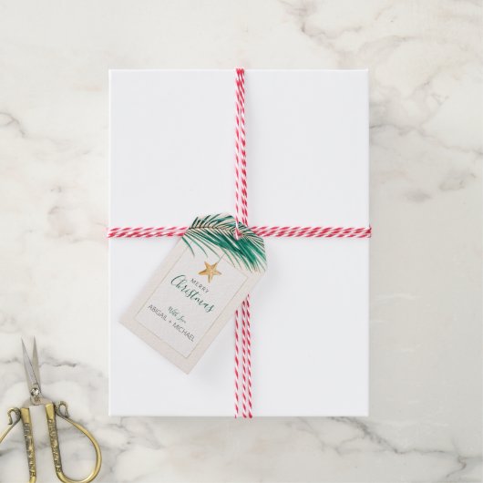 Tropisch Groen Goud Waterverf Zeesterren Kerstmis Cadeaulabel (Met Touw)