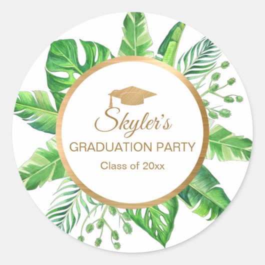 Tropisch groen gouden afstudeerfeestje ronde sticker (Voorkant)