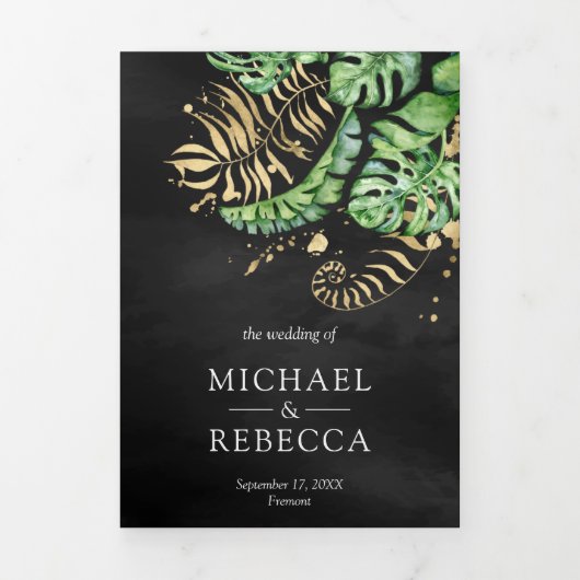Tropisch groen goudmonstera Palm Black Wedding Drieluik Uitnodiging (Cover)