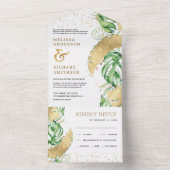 Tropisch groen goudmonstera palm leveet bruiloft all in one uitnodiging (Binnen)