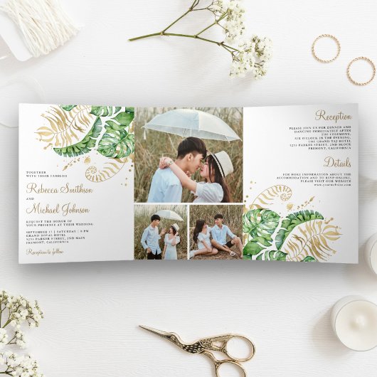 Tropisch groen goudmonstera palm leveet bruiloft drieluik uitnodiging
